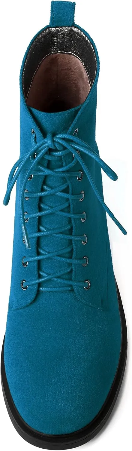 MERRORI Womens Combat Booties Casual Lace Up Solid Round Toe Suede Block Mid Heel Ankle High Boots 2.5 Inch