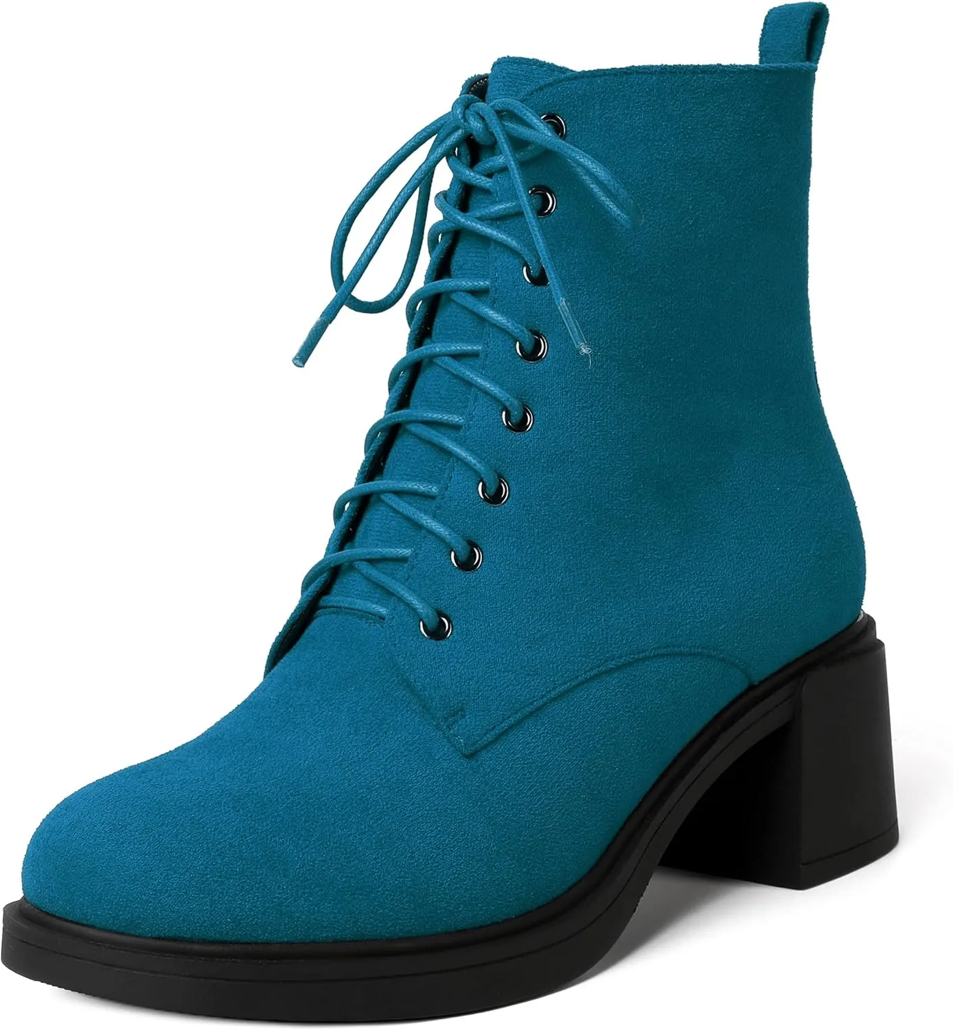 MERRORI Womens Combat Booties Casual Lace Up Solid Round Toe Suede Block Mid Heel Ankle High Boots 2.5 Inch
