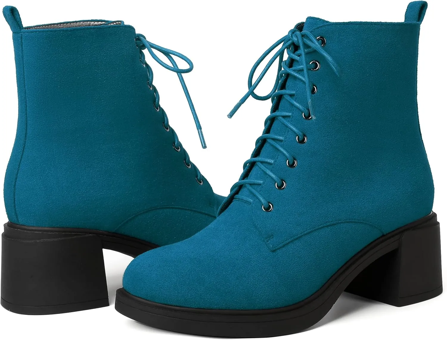 MERRORI Womens Combat Booties Casual Lace Up Solid Round Toe Suede Block Mid Heel Ankle High Boots 2.5 Inch