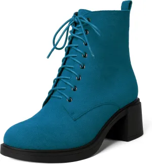 MERRORI Womens Combat Booties Casual Lace Up Solid Round Toe Suede Block Mid Heel Ankle High Boots 2.5 Inch