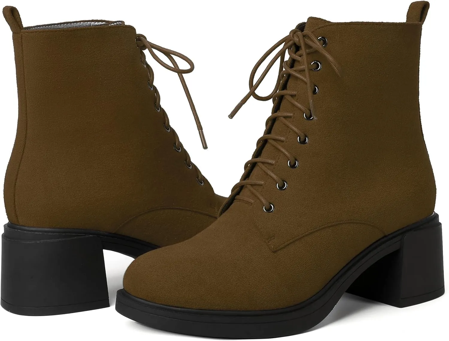 MERRORI Womens Combat Booties Casual Lace Up Solid Round Toe Suede Block Mid Heel Ankle High Boots 2.5 Inch