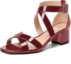 MERRORI Women's Patent Solid Buckle Open Toe Party Ankle Strap Dress Chunky Low Heel Sandals 2 Inch