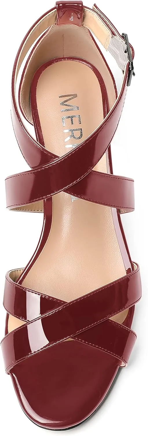 MERRORI Women's Patent Solid Buckle Open Toe Party Ankle Strap Dress Chunky Low Heel Sandals 2 Inch