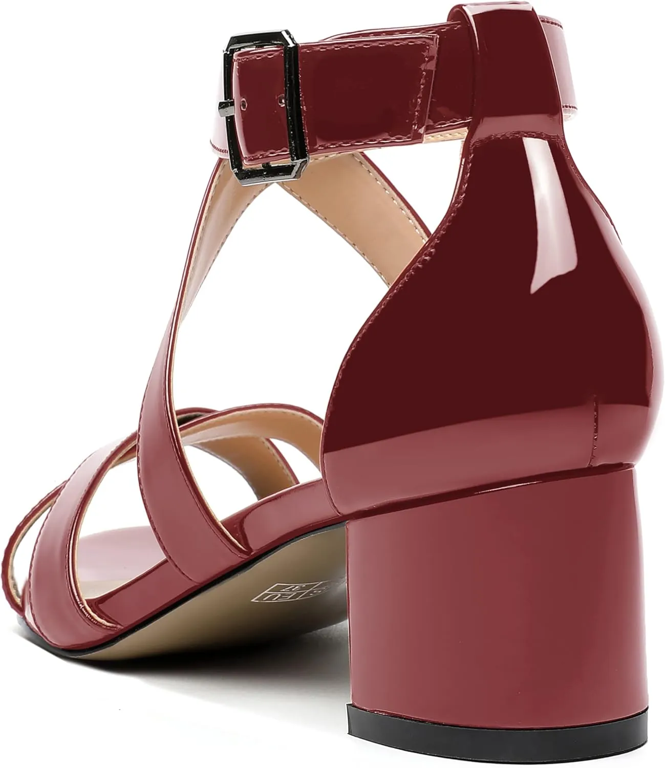 MERRORI Women's Patent Solid Buckle Open Toe Party Ankle Strap Dress Chunky Low Heel Sandals 2 Inch