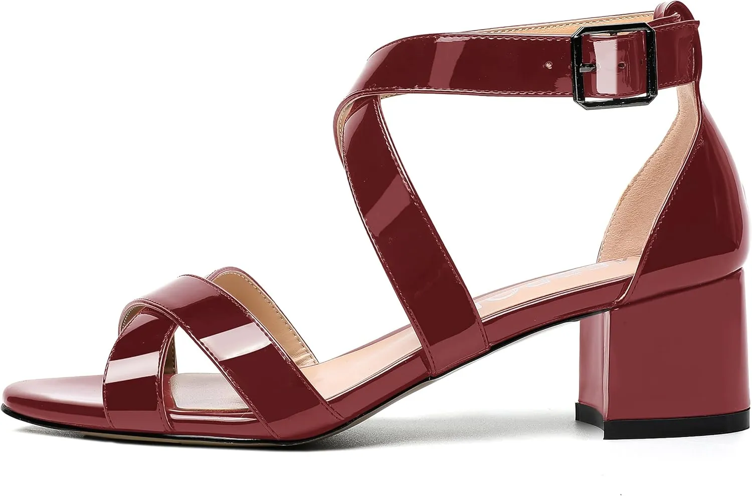 MERRORI Women's Patent Solid Buckle Open Toe Party Ankle Strap Dress Chunky Low Heel Sandals 2 Inch