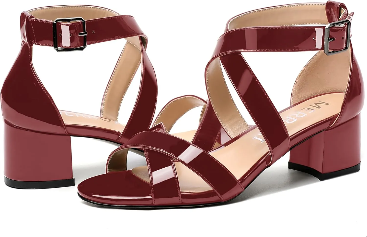 MERRORI Women's Patent Solid Buckle Open Toe Party Ankle Strap Dress Chunky Low Heel Sandals 2 Inch