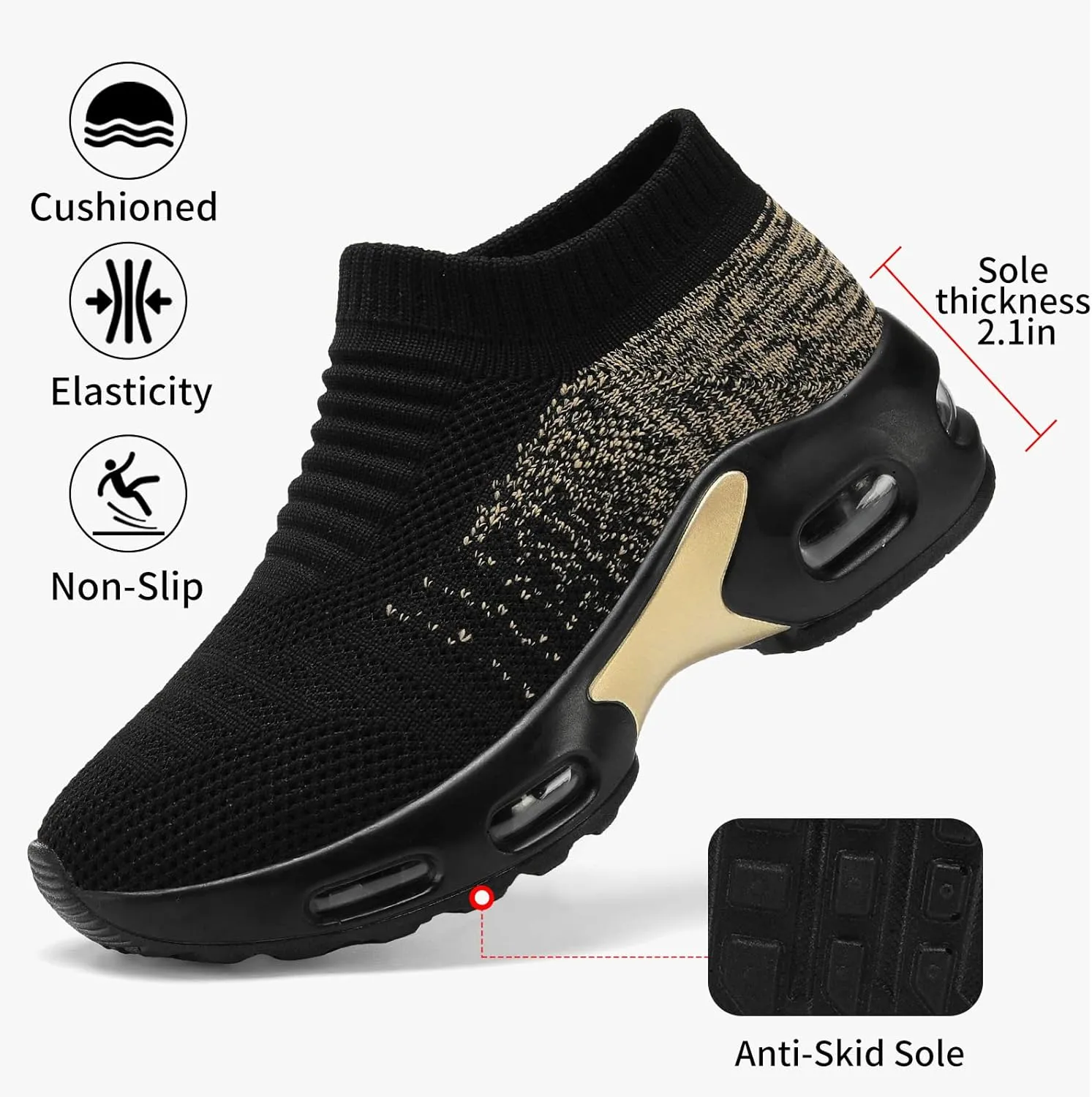 Mesh Sneakers for Women - Non Slip, Slip On, Sock Sneakers - Light Weight, Air Cushion Running, Work Shoes