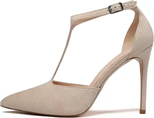 Mettesally Women's High Heels Pointed Toe T-Strap Pumps Ankle Strap Stilettos Mary Jane D'Orsay Sexy Wedding Party Sandals Shoes