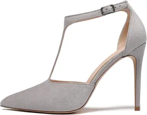 Mettesally Women's High Heels Pointed Toe T-Strap Pumps Ankle Strap Stilettos Mary Jane D'Orsay Sexy Wedding Party Sandals Shoes