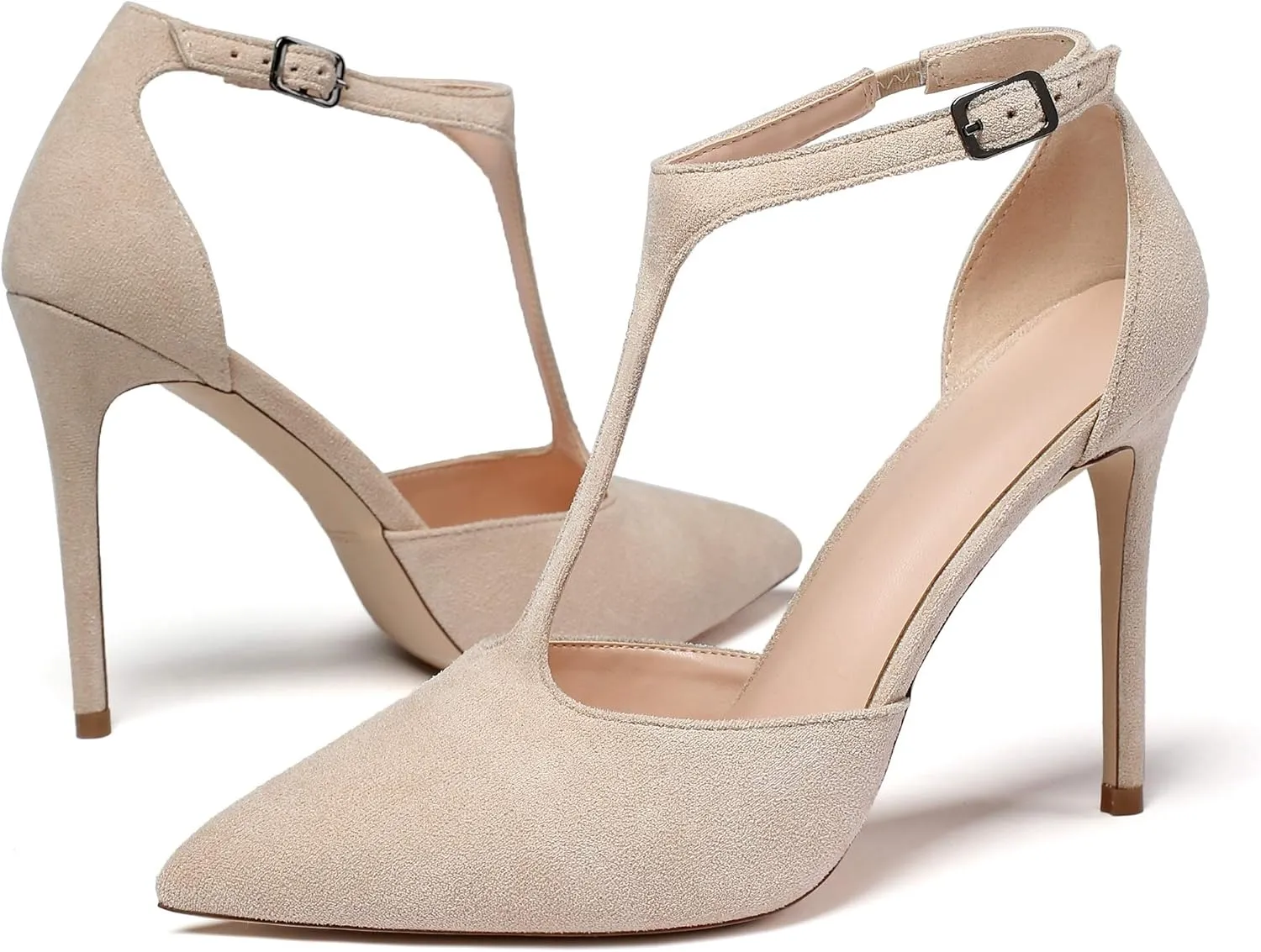 Mettesally Women's High Heels Pointed Toe T-Strap Pumps Ankle Strap Stilettos Mary Jane D'Orsay Sexy Wedding Party Sandals Shoes