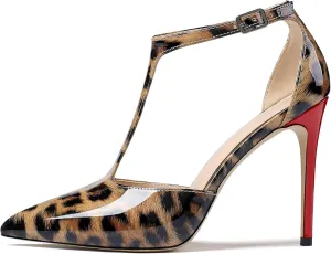 Mettesally Women's High Heels Pointed Toe T-Strap Pumps Ankle Strap Stilettos Mary Jane D'Orsay Sexy Wedding Party Sandals Shoes