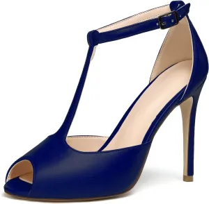 Mettesally Women's T-Strap High Heels Peep Toe Stiletto Heel Pumps Ankle Strap Sandals T-bar Party Dress Shoes
