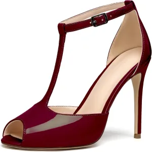 Mettesally Women's T-Strap Stiletto High Heels Peep Toe Heeled Sandals Ankle Strap T-bar Pumps Wedding Dress Shoes