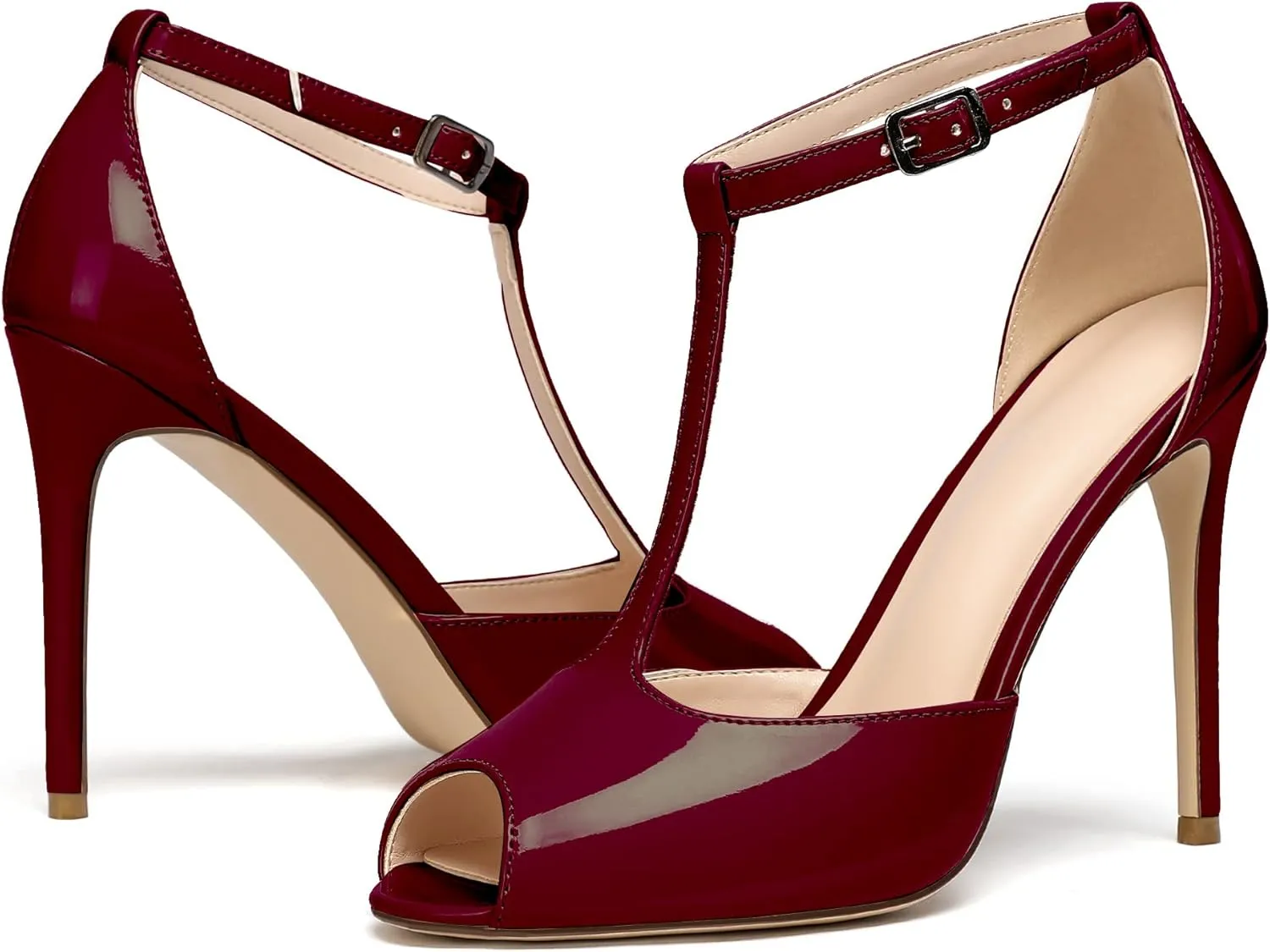 Mettesally Women's T-Strap Stiletto High Heels Peep Toe Heeled Sandals Ankle Strap T-bar Pumps Wedding Dress Shoes