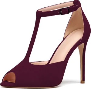 Mettesally Women's T-Strap Stiletto High Heels Peep Toe Heeled Sandals Ankle Strap T-bar Pumps Wedding Dress Shoes
