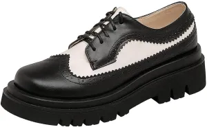 mikarka Women's Lace-Up Perforated Wingtips Oxford Shoes Vintage Platform Chunky Stacked Heel Brogues Flat Saddle Oxfords Dress Shoes