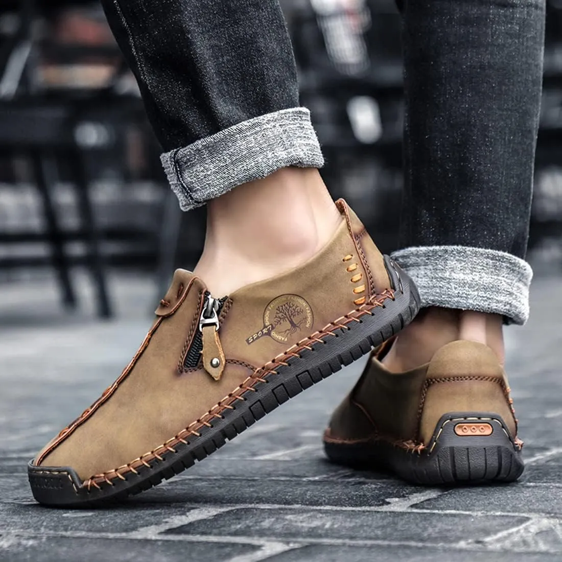 Minishion Anti Slip Shoes Men Zip Stitched Casual Slip ons 2102#