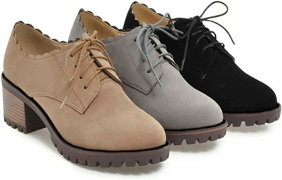 MIOKE Women's Casual Platform Lace Up Pump Oxfords Round Toe Suede Chunky High Heel Vintage Dress Shoes