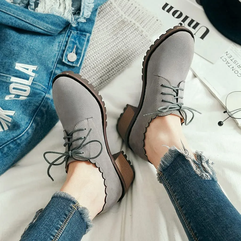 MIOKE Women's Casual Platform Lace Up Pump Oxfords Round Toe Suede Chunky High Heel Vintage Dress Shoes