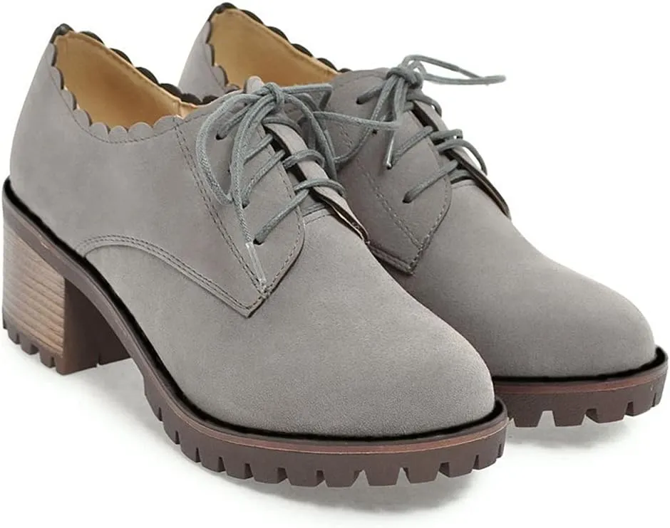 MIOKE Women's Casual Platform Lace Up Pump Oxfords Round Toe Suede Chunky High Heel Vintage Dress Shoes