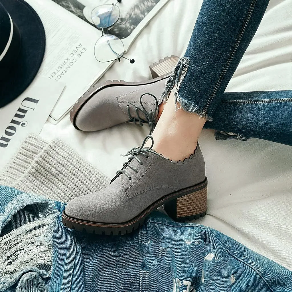 MIOKE Women's Casual Platform Lace Up Pump Oxfords Round Toe Suede Chunky High Heel Vintage Dress Shoes