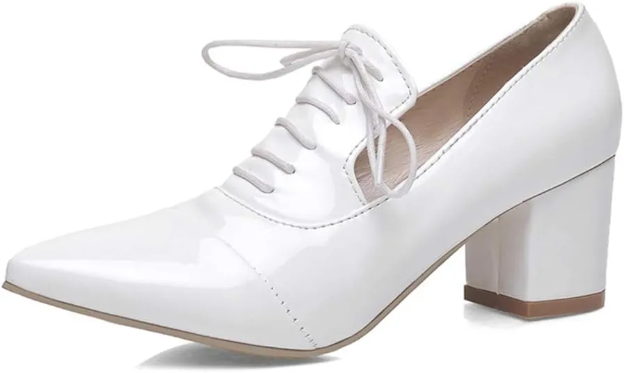 MIOKE Women's Pointed Toe Pump Oxfords Classic Patent Leather Lace Up Comfort Western School Dress Shoes