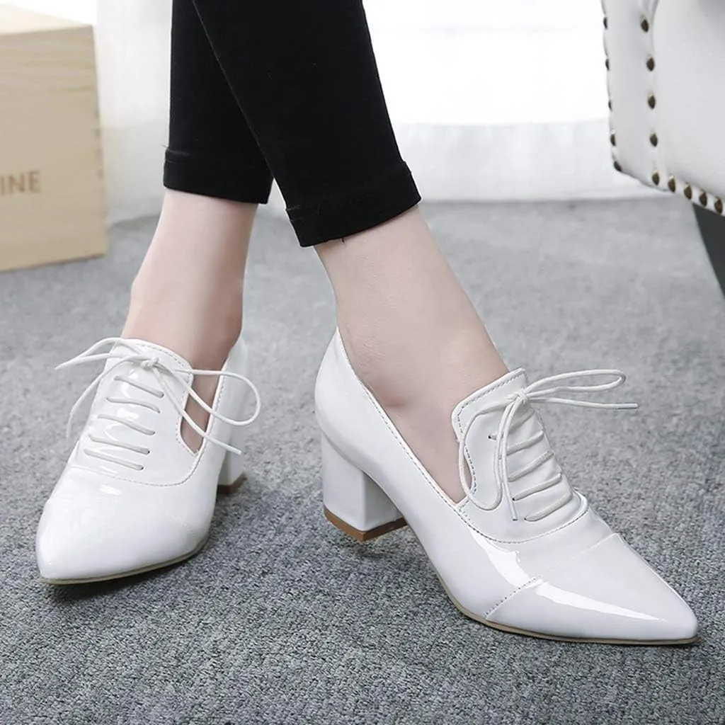 MIOKE Women's Pointed Toe Pump Oxfords Classic Patent Leather Lace Up Comfort Western School Dress Shoes