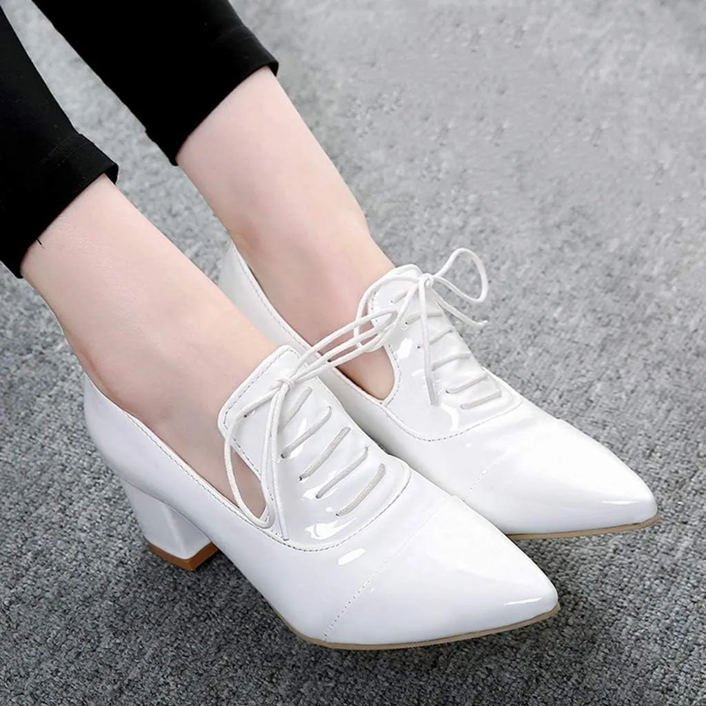 MIOKE Women's Pointed Toe Pump Oxfords Classic Patent Leather Lace Up Comfort Western School Dress Shoes