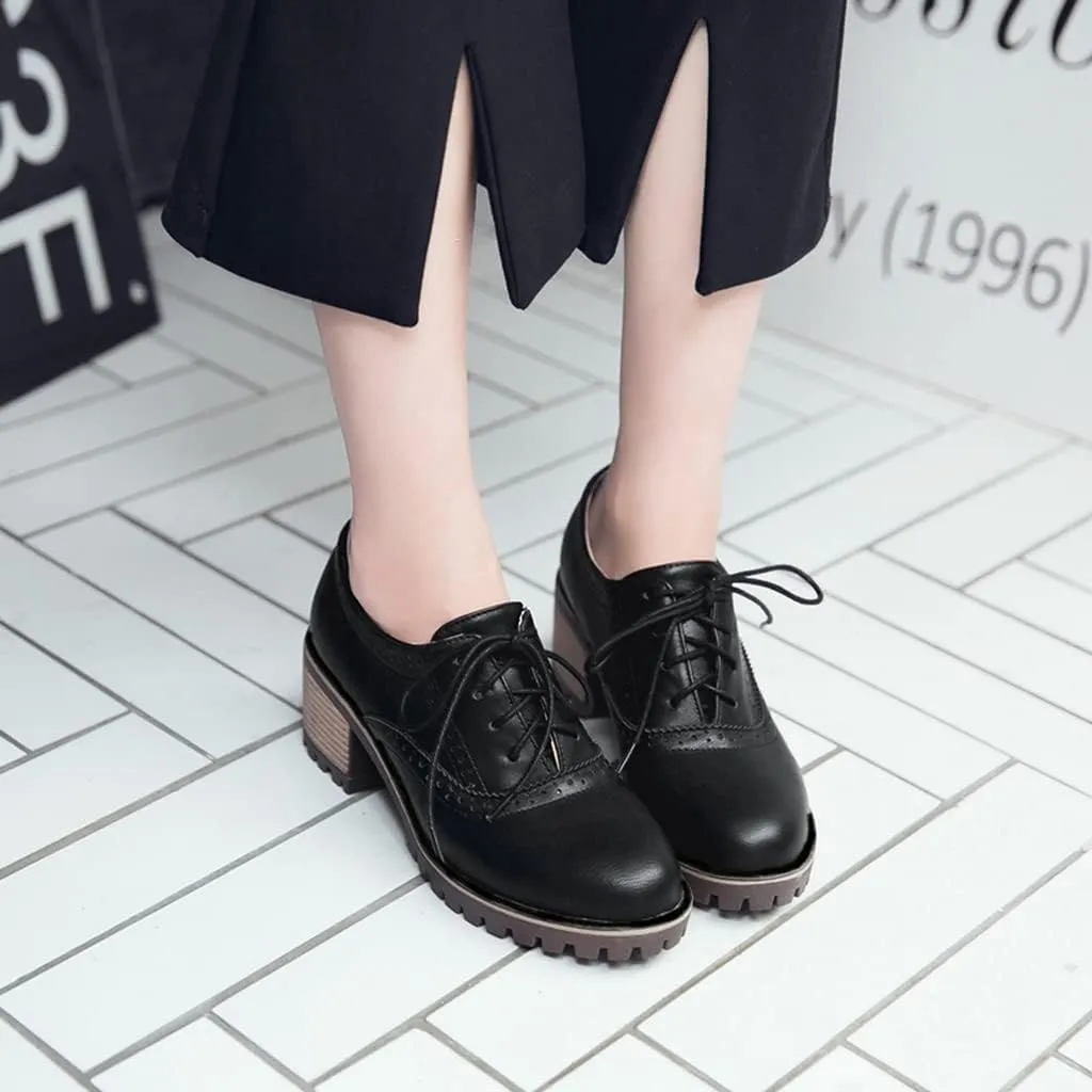 MIOKE Women's Round Toe Lace Up Pump Oxfords Brogues Wingtip Chunky Mid Heel Platform Vintage Dress Shoes