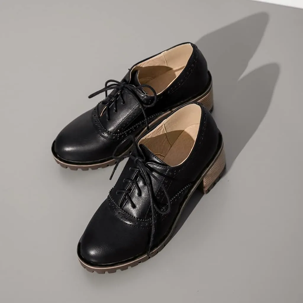 MIOKE Women's Round Toe Lace Up Pump Oxfords Brogues Wingtip Chunky Mid Heel Platform Vintage Dress Shoes