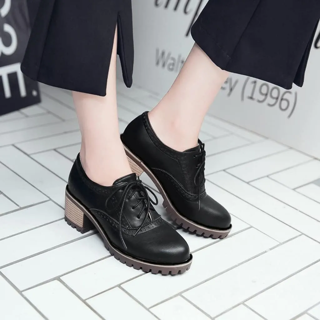 MIOKE Women's Round Toe Lace Up Pump Oxfords Brogues Wingtip Chunky Mid Heel Platform Vintage Dress Shoes