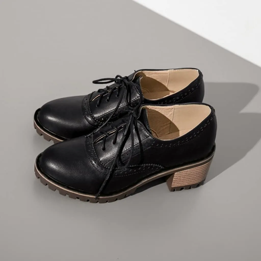 MIOKE Women's Round Toe Lace Up Pump Oxfords Brogues Wingtip Chunky Mid Heel Platform Vintage Dress Shoes