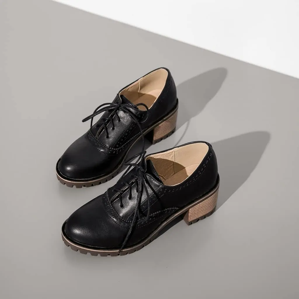 MIOKE Women's Round Toe Lace Up Pump Oxfords Brogues Wingtip Chunky Mid Heel Platform Vintage Dress Shoes