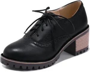 MIOKE Women's Round Toe Lace Up Pump Oxfords Brogues Wingtip Chunky Mid Heel Platform Vintage Dress Shoes