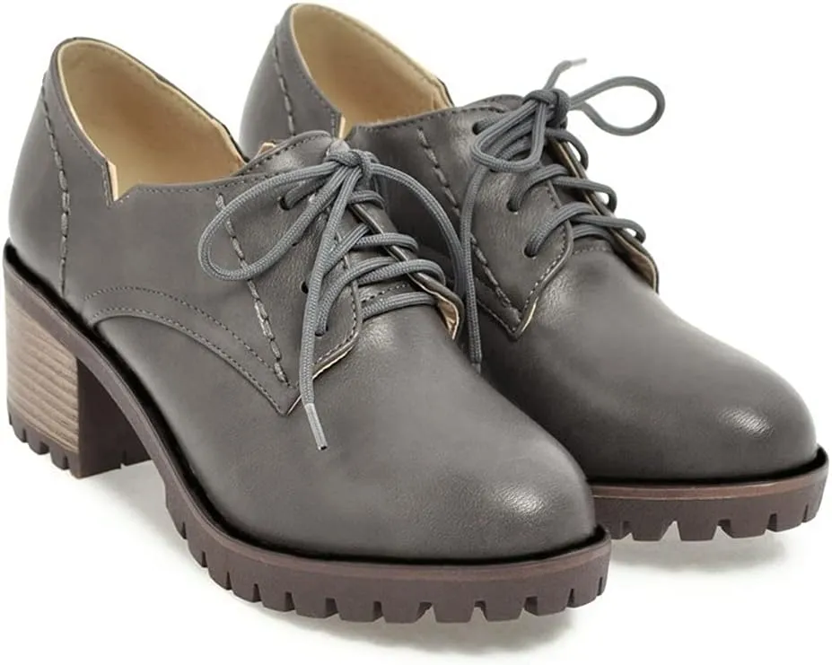MIOKE Women's Round Toe Lace Up Pump Oxfords Platform Chunky Block Mid Heel Vintage Brogues Dress Shoes