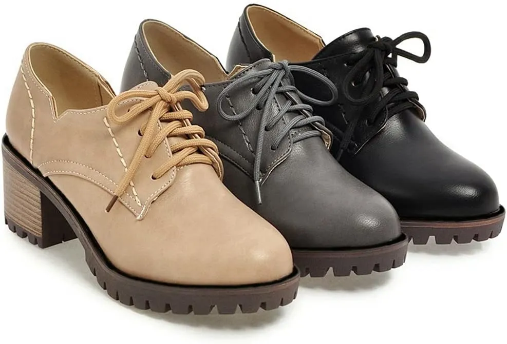 MIOKE Women's Round Toe Lace Up Pump Oxfords Platform Chunky Block Mid Heel Vintage Brogues Dress Shoes