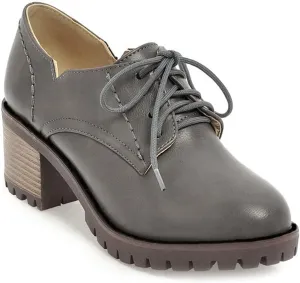 MIOKE Women's Round Toe Lace Up Pump Oxfords Platform Chunky Block Mid Heel Vintage Brogues Dress Shoes