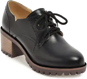 MIOKE Women's Round Toe Lace Up Pump Oxfords Platform Chunky Block Mid Heel Vintage Brogues Dress Shoes