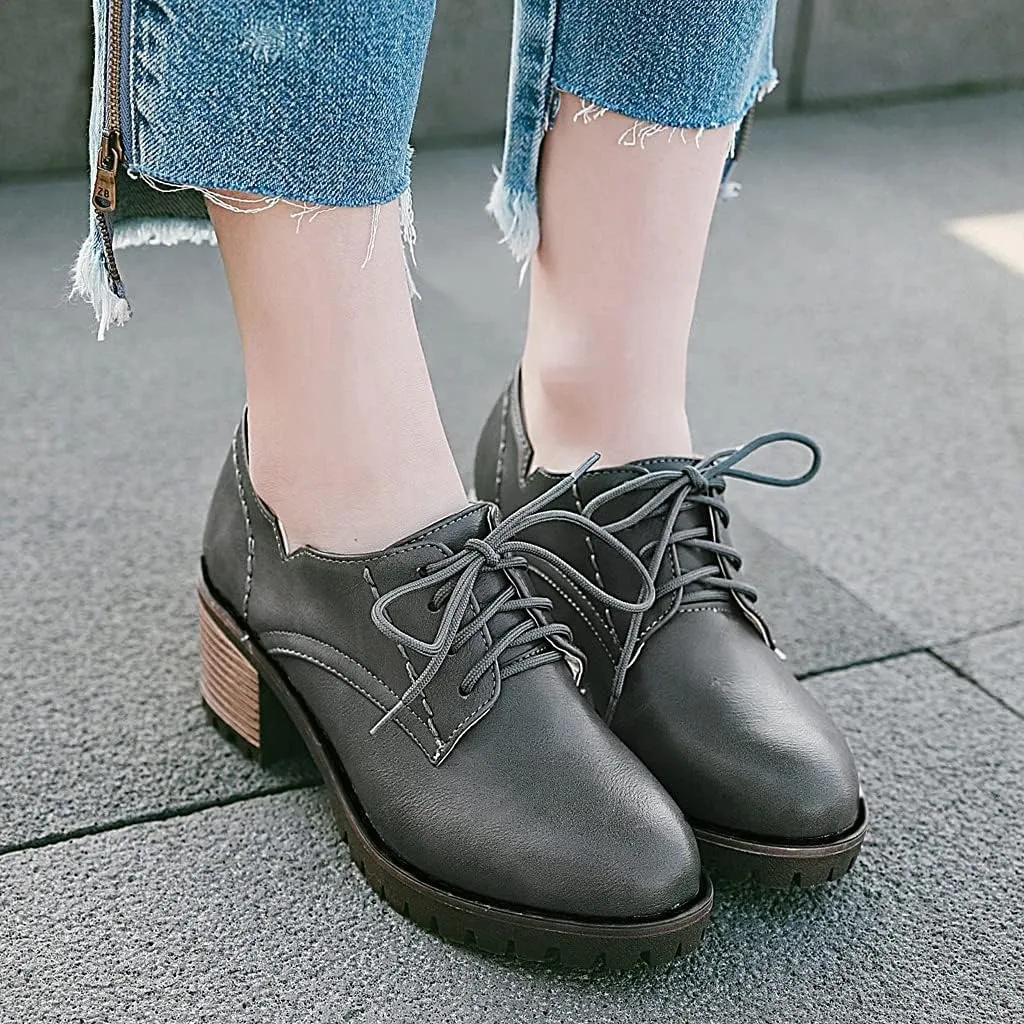 MIOKE Women's Round Toe Lace Up Pump Oxfords Platform Chunky Block Mid Heel Vintage Brogues Dress Shoes
