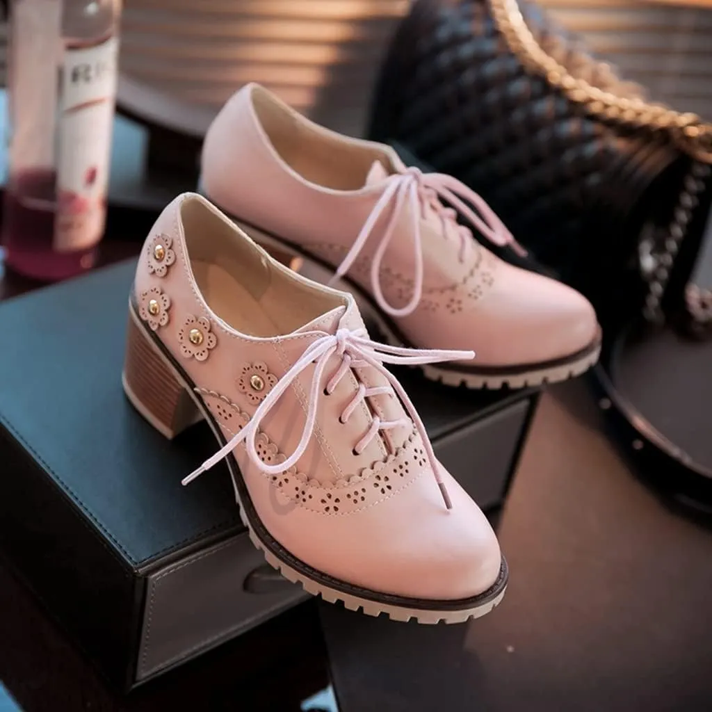 MIOKE Women's Round Toe Lace Up Pump Oxfords Vintage Two Tone Wingtip Chunky High Heel Brogues Dress Shoes