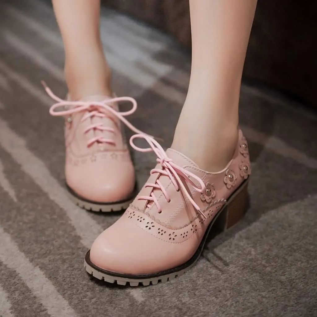 MIOKE Women's Round Toe Lace Up Pump Oxfords Vintage Two Tone Wingtip Chunky High Heel Brogues Dress Shoes