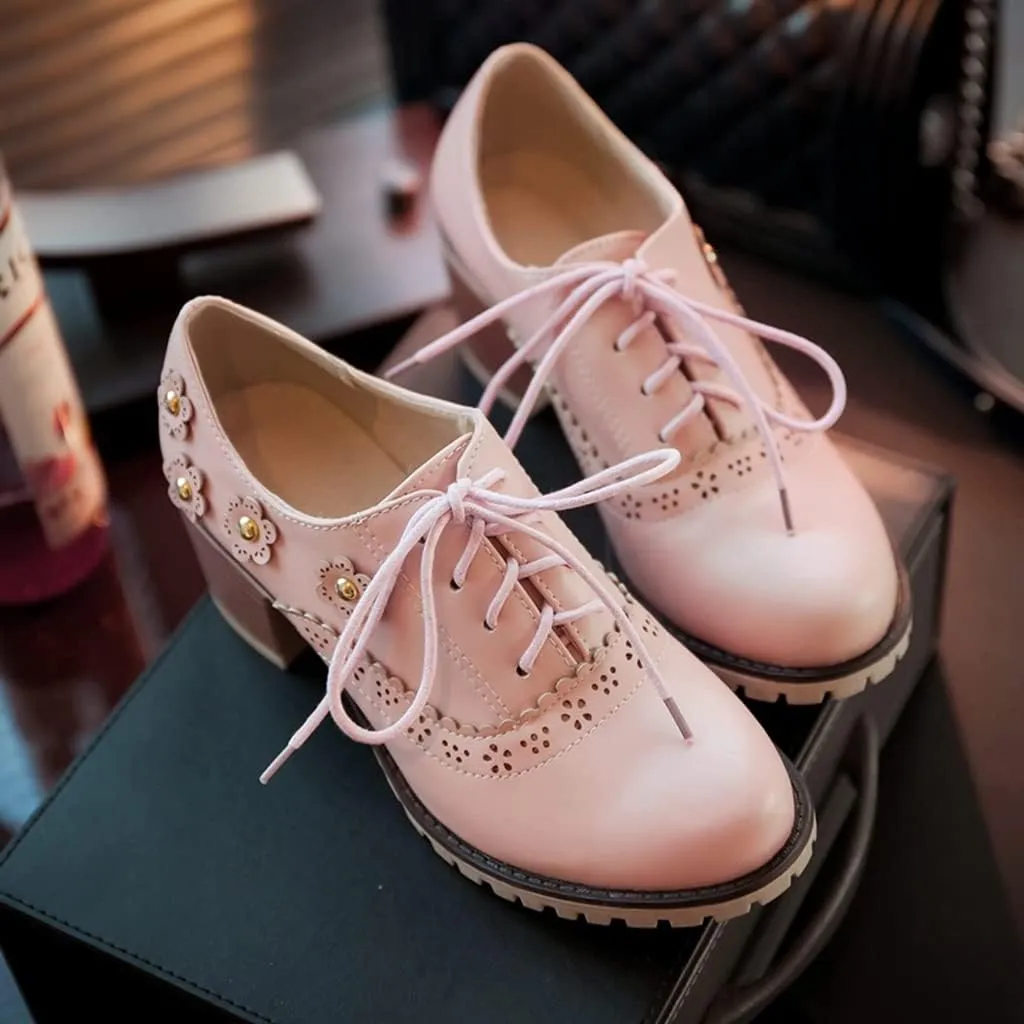 MIOKE Women's Round Toe Lace Up Pump Oxfords Vintage Two Tone Wingtip Chunky High Heel Brogues Dress Shoes
