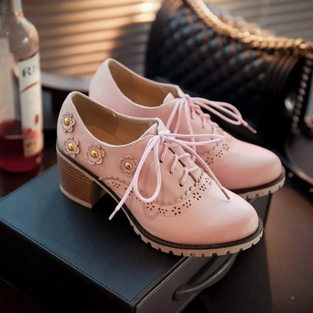 MIOKE Women's Round Toe Lace Up Pump Oxfords Vintage Two Tone Wingtip Chunky High Heel Brogues Dress Shoes