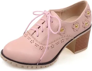 MIOKE Women's Round Toe Lace Up Pump Oxfords Vintage Two Tone Wingtip Chunky High Heel Brogues Dress Shoes
