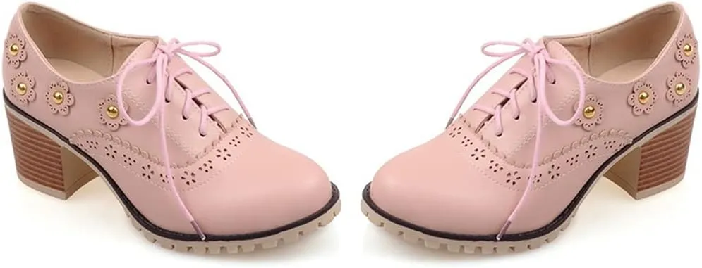 MIOKE Women's Round Toe Lace Up Pump Oxfords Vintage Two Tone Wingtip Chunky High Heel Brogues Dress Shoes