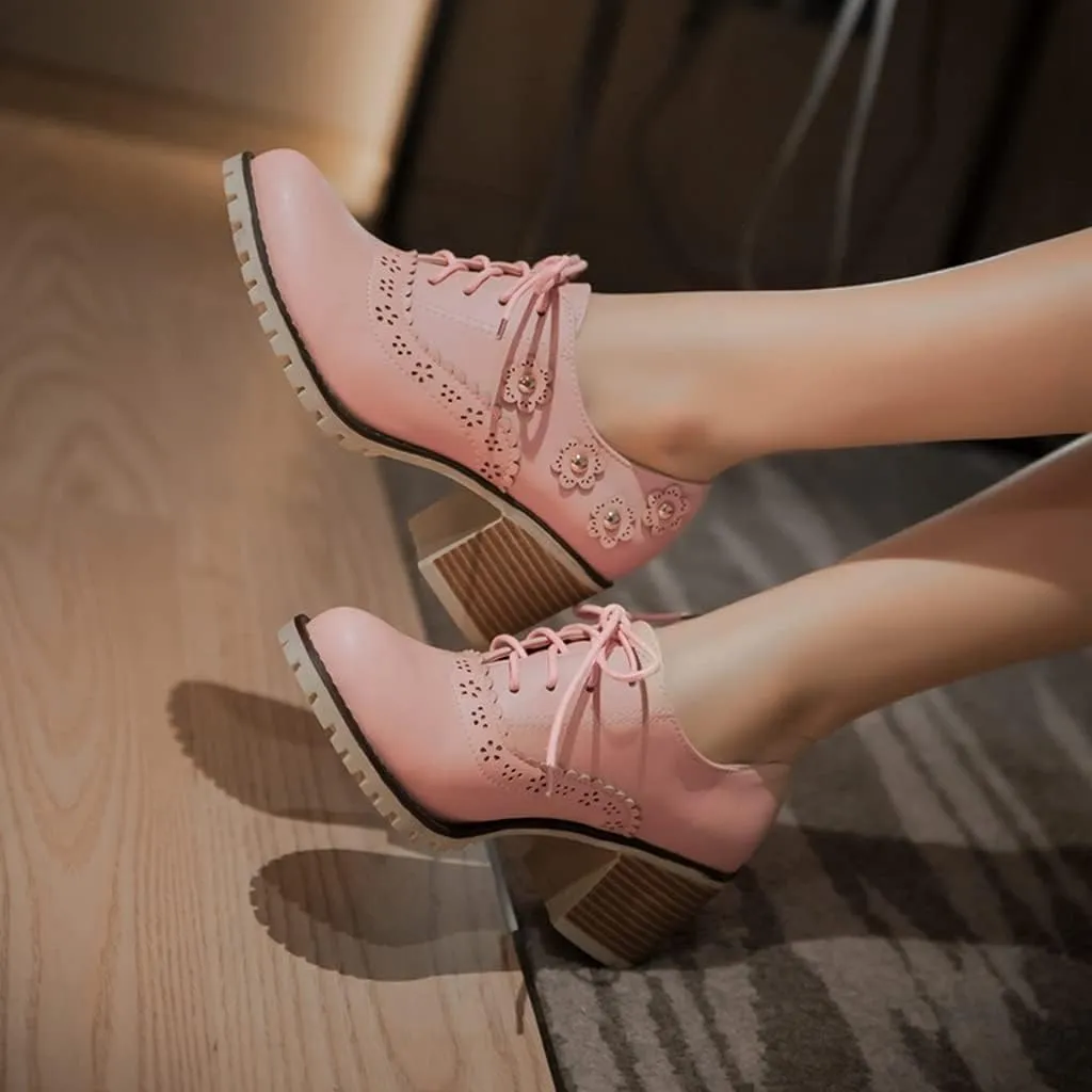 MIOKE Women's Round Toe Lace Up Pump Oxfords Vintage Two Tone Wingtip Chunky High Heel Brogues Dress Shoes