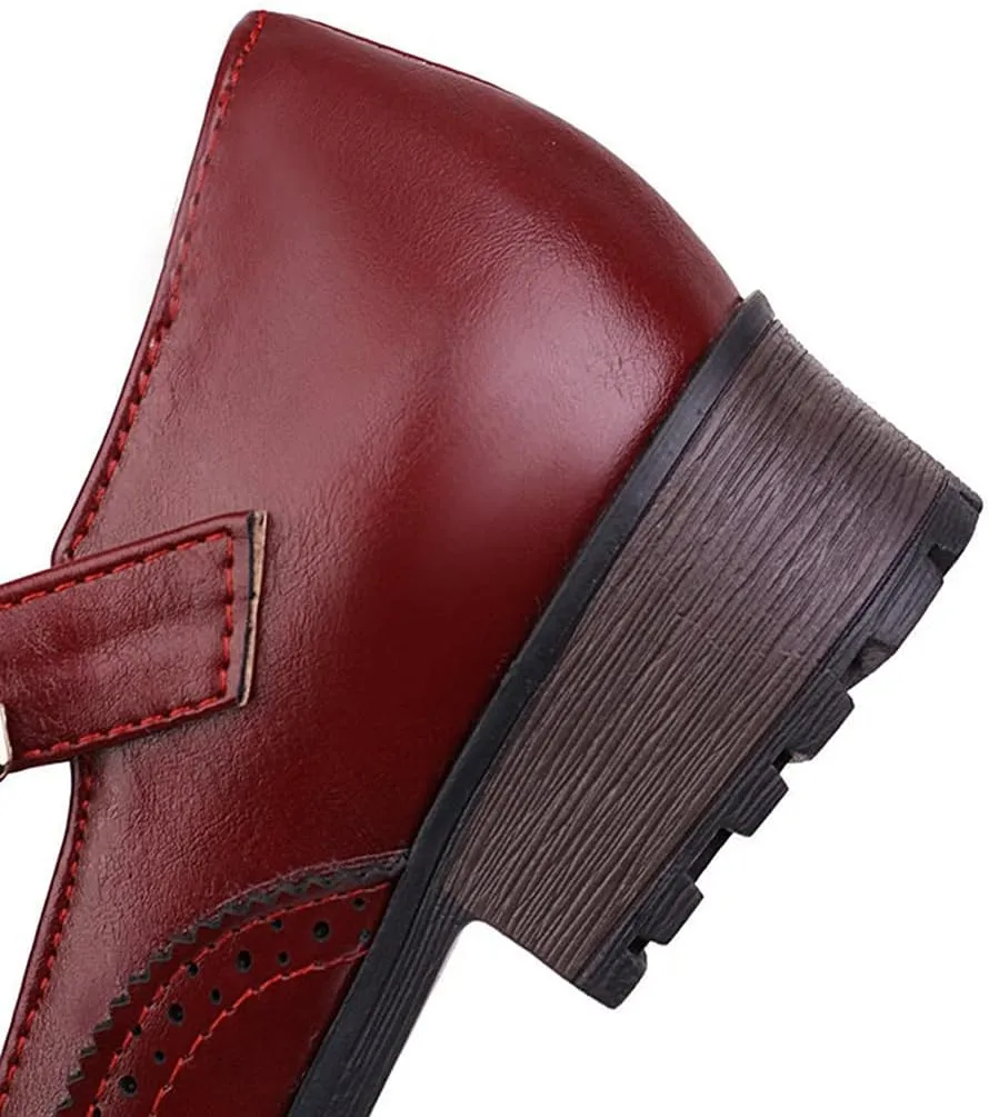MIOKE Women's Round Toe Platform T-Strap Oxford Pumps Chunky Mid Heel Vintage Brogue Mary Jane Dress Shoes