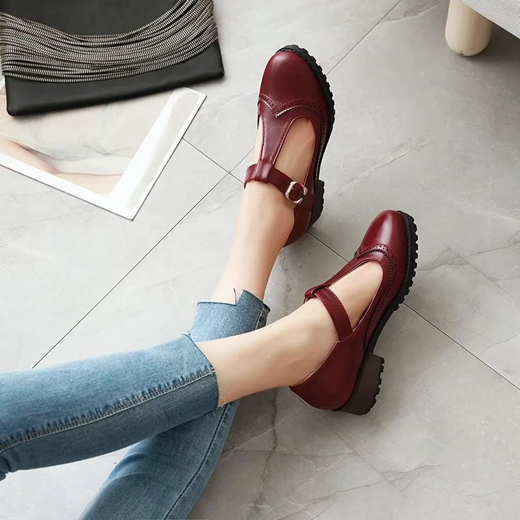 MIOKE Women's Round Toe Platform T-Strap Oxford Pumps Chunky Mid Heel Vintage Brogue Mary Jane Dress Shoes