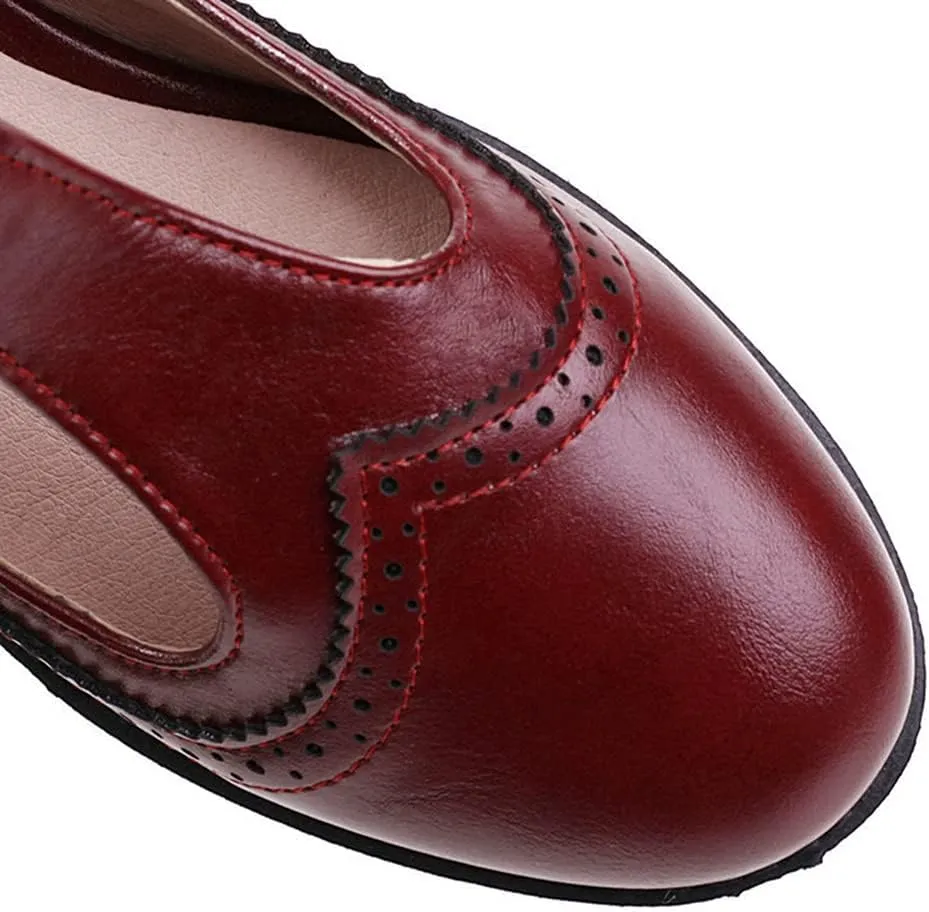 MIOKE Women's Round Toe Platform T-Strap Oxford Pumps Chunky Mid Heel Vintage Brogue Mary Jane Dress Shoes