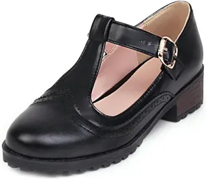 MIOKE Women's Round Toe Platform T-Strap Oxford Pumps Chunky Mid Heel Vintage Brogue Mary Jane Dress Shoes